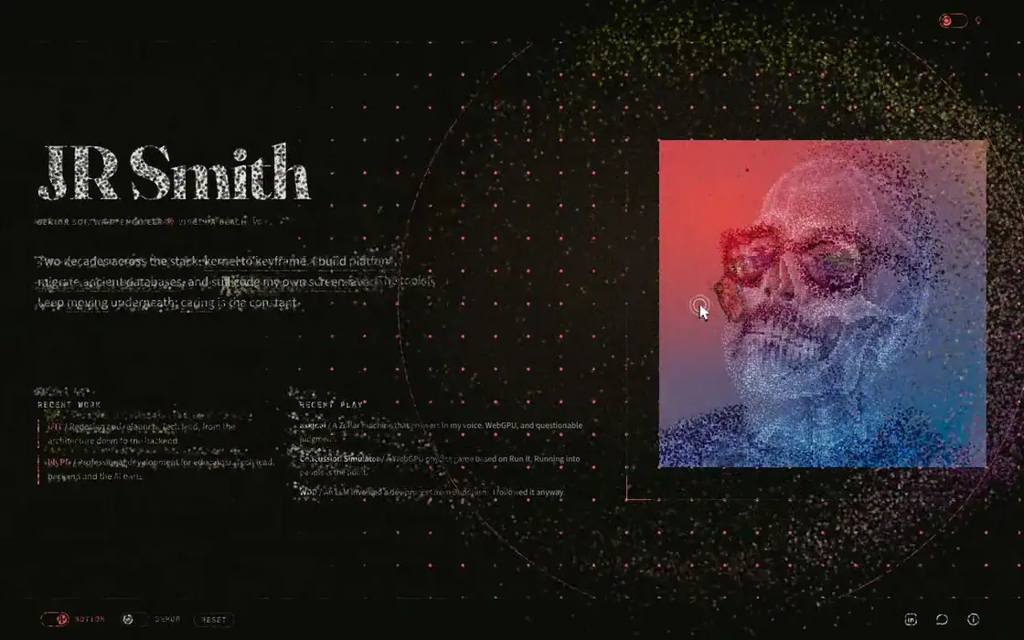 A charged wave crosses the 2026 home page: the face breaks into dots and the letters change fonts